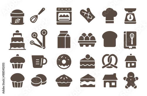 Bakery and Cooking Icons Set – Baking Tools, Desserts, Kitchen Symbols Vector