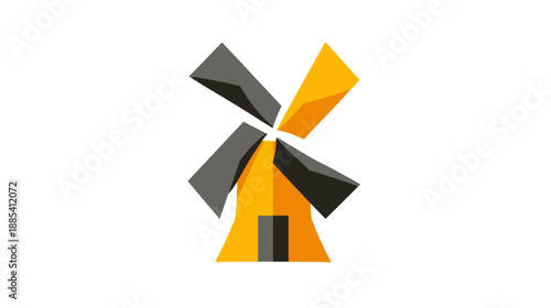 A geometric illustration of a windmill featuring a yellow body and gray blades set against a white backdrop