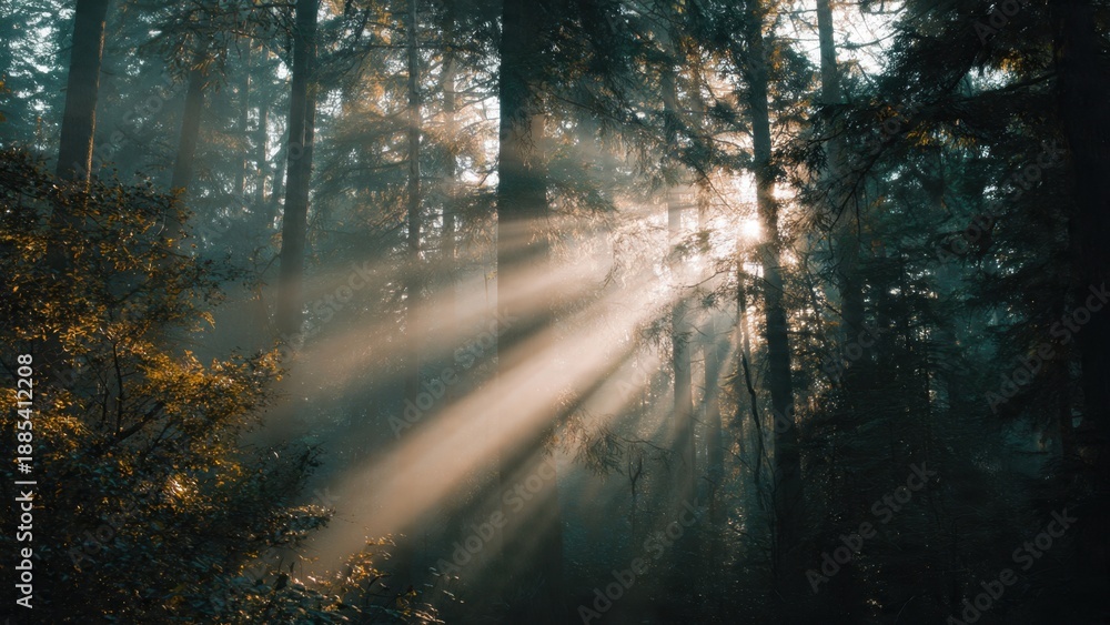 Obraz premium Sunbeams Through Forest Trees
