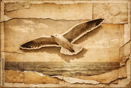Vintage Seagull Soaring Above Ocean Waves Collage on Textured Paper Background