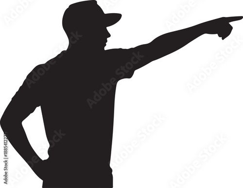 Man in  cap silhouette pointing finger to the side, isolated on white