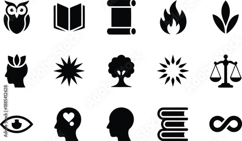 A visual collection of spiritual and intellectual concept icons including an owl, books, fire, and justice scales