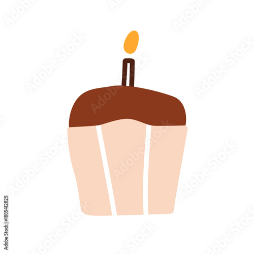 Cupcake, holiday food. Sweet festive chocolate dessert decorated with candle for birthday celebration. Cup cake, muffin, pastry treat, bakery. Flat vector illustration isolated on white background