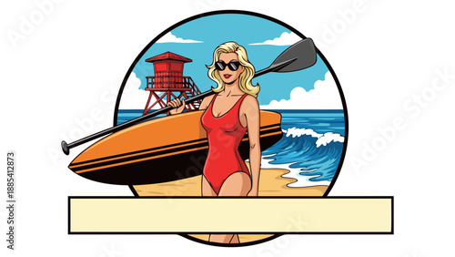 Retro Stand Up Paddleboard Woman Vector Illustration with Lifeguard Tower and Ocean Waves, Beach Scene