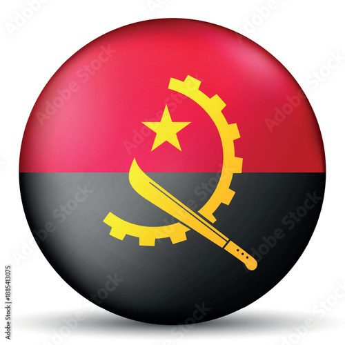 Round icon with flag of Angola. Glass light ball, sticker, sphere. Angolan national symbol. Glossy realistic ball, 3D abstract vector illustration. Template big bubble.