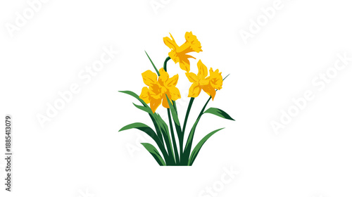 A cluster of three stylized, yellow flowers with green leaves on a white background