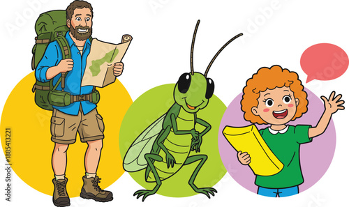 Educational cartoon set showing explorer with map, friendly grasshopper insect character and happy child with speech bubble, colorful learning vector illustration