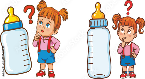 Cute toddler girl confused about baby milk bottle size with question marks, comparison concept cartoon vector illustration for parenting and child nutrition design