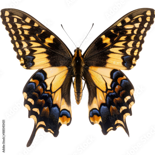 Vibrant yellow butterfly with black and blue markings on wings