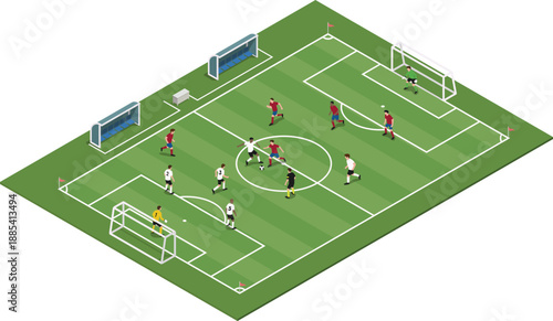 Isometric football pitch with players and bench area