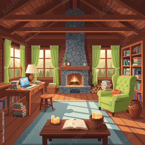 Cozy cabin living room vector illustration with fireplace, bookshelves, and a comfortable armchair, perfect for relaxation