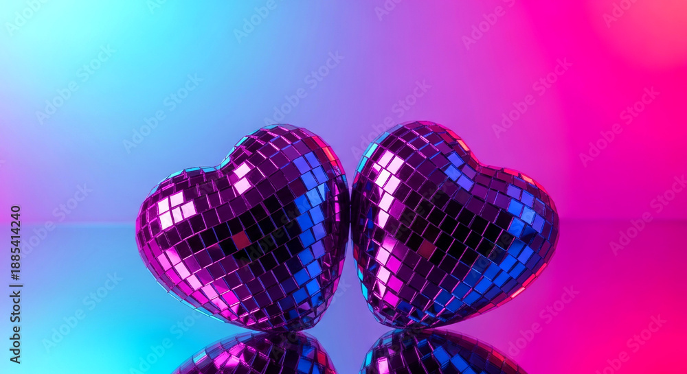 Fototapeta premium Neon Heart Disco Balls Party Background