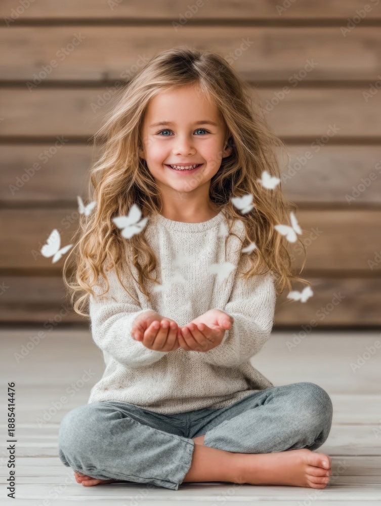 Naklejka premium Happy girl holding butterflies in a cozy, wooden setting.
