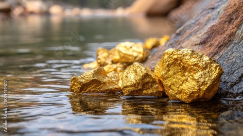 Gleaming Gold Rocks on a Water's Edge Reflecting Nature's Beauty in a Serene Landscape with Clear Water and Smooth Stones Beneath Sunlit Atmosphere