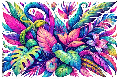 Vibrant Tropical Foliage: A Bold and Colorful Botanical Illustration on White