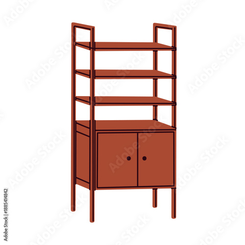 Shelf, storage furniture unit. Open shelving cabinet. Wooden bookcase. Wood sideboard for organization in modern retro style. Flat vector illustration isolated on white background