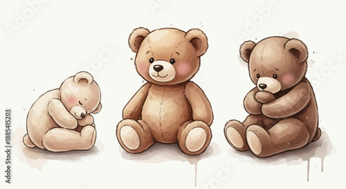Three teddy bears sitting together in a row, showcasing different emotions in an illustrated scene.