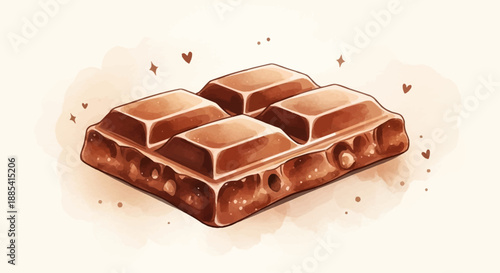 A chocolate bar broken into pieces on a soft, beige background with crumbs and chocolate fragments scattering around.