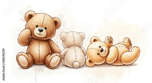 Three teddy bears sitting and lying down together in a playful scene illustration