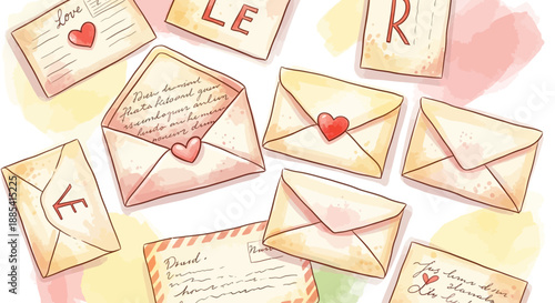 Assortment of envelopes and letters with hearts and signatures displayed on a colorful background