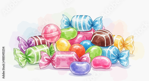 Assorted colorful candies and sweets arranged in a vibrant heap, viewed from above