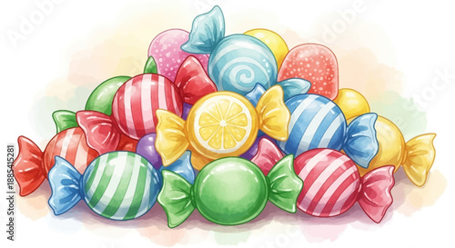 Colorful candies and sweets illustration with wrapped treats and citrus fruits displayed together in a vibrant graphic design