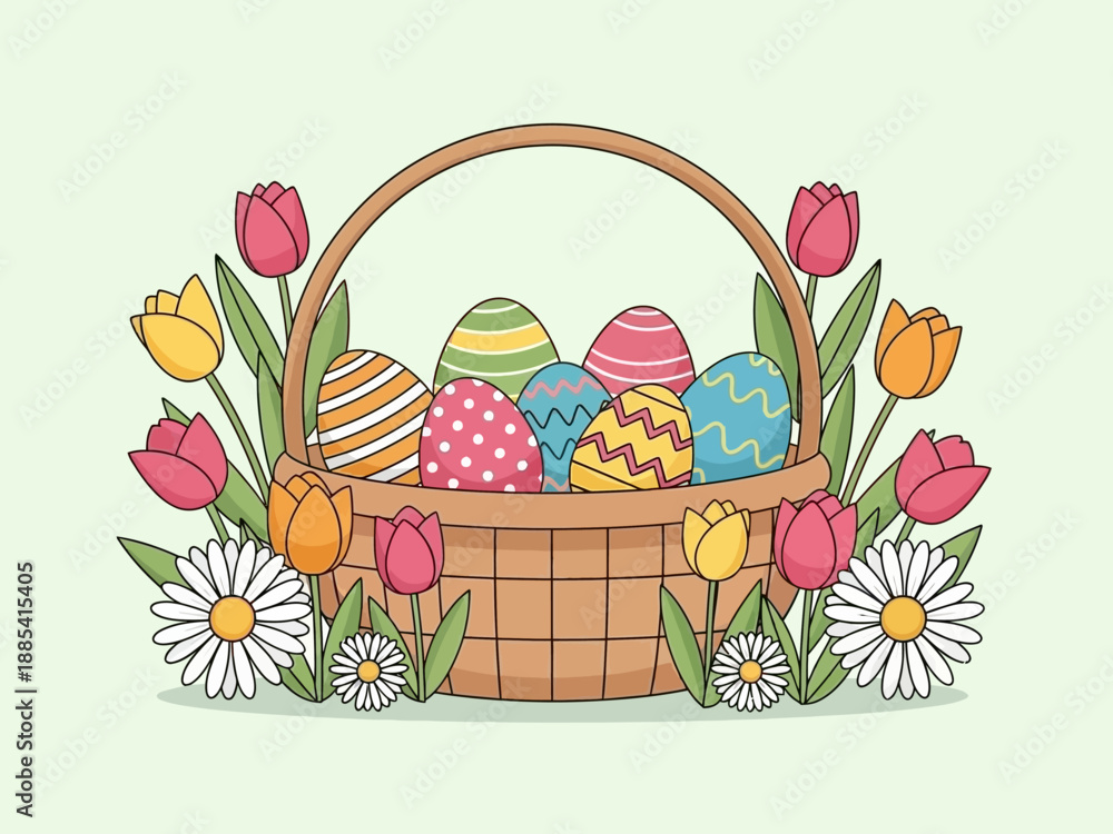 Fototapeta premium Easter Basket with Decorated Eggs and Spring Flowers.