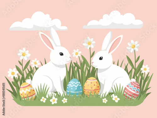 Two adorable white Easter bunnies sitting in a vibrant green field with colorful decorated eggs.