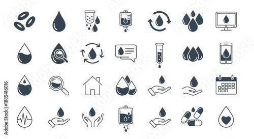 Collection of various icons representing water droplets and related concepts in a grid layout on a simple background