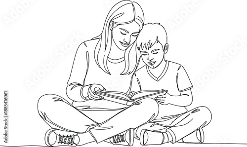 Minimal line art mother reading book with child, family bonding and education concept illustration for parenting, learning, love, and home lifestyle design themes