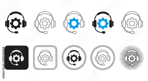 Collection of icons representing customer service and technology, featuring headsets and gears in various styles and designs