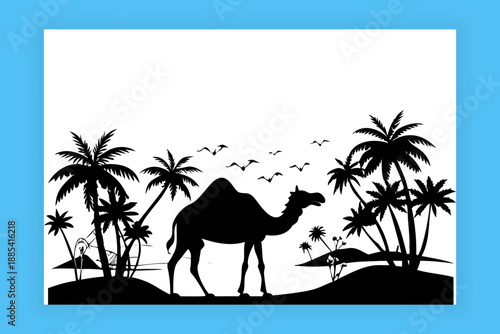 Camel walking across desert dunes with palm tree sand. Vector silhouette camel resting under palm tree illustration. Camel Silhouette in Desert with Palm Trees Minimal Illustration.