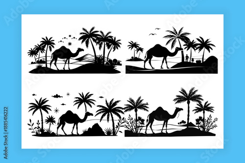 Camel walking across desert dunes with palm tree sand. Vector silhouette camel resting under palm tree illustration. Camel Silhouette in Desert with Palm Trees Minimal Illustration.