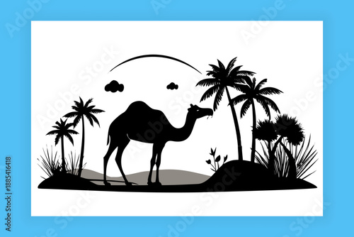 Camel walking across desert dunes with palm tree sand. Vector silhouette camel resting under palm tree illustration. Camel Silhouette in Desert with Palm Trees Minimal Illustration.