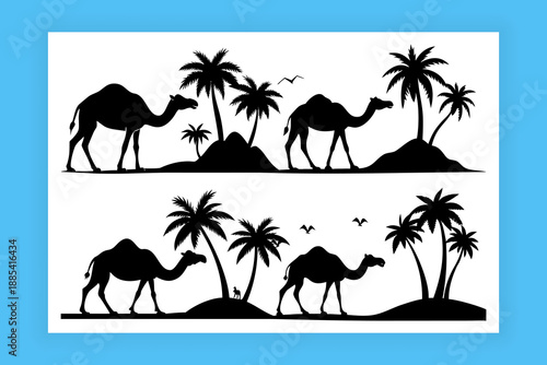 Camel walking across desert dunes with palm tree sand. Vector silhouette camel resting under palm tree illustration. Camel Silhouette in Desert with Palm Trees Minimal Illustration.