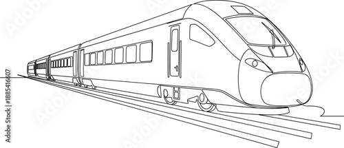 Modern high speed train line art illustration on railway track, public transportation concept for travel posters, urban transit design, engineering graphics, and mobility themes