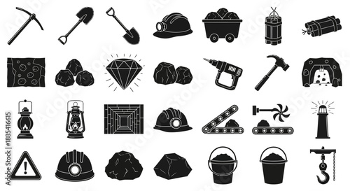 Collection of icons representing various industry and mining elements displayed in a grid layout