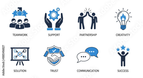 Collection of modern icons representing teamwork, support, partnership, creativity, and success in a professional setting, displayed on a clean white background, 