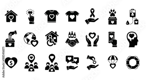 Collection of black icons representing various charity and donation concepts on a plain background