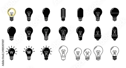 Collection of various light bulb icons in different styles and designs viewed from a straightforward perspective