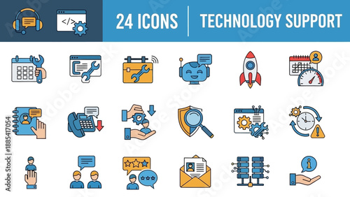Collection of icons representing technology and support displayed on a clean white background from a straightforward viewpoint