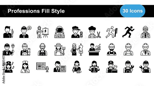 Collection of various profession icons in fill style, showcasing diverse occupations and roles in a simple graphic representation