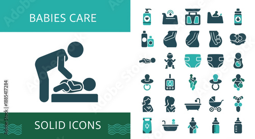 Collection of icons representing babies care and solid icons for various baby-related items and activities