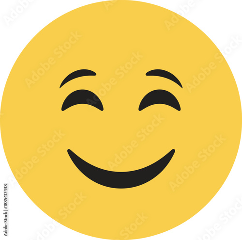 Smiling happy emoji face icon in flat yellow circle, positive emotion symbol for social media, chat apps, feedback, and user interface design