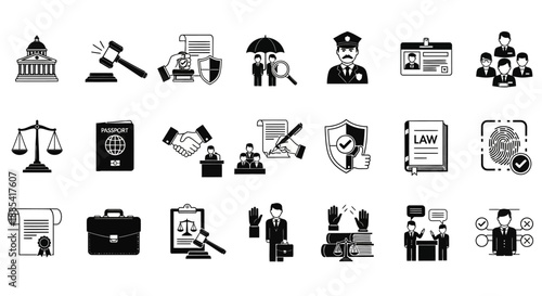 Collection of black and white icons representing law and justice symbols on a neutral background, viewed directly from the front