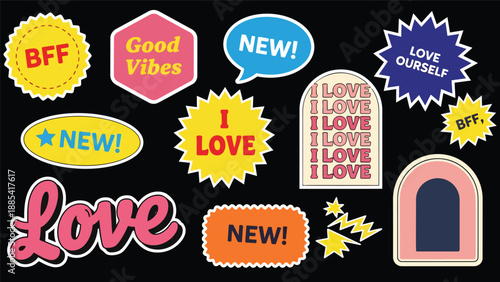 Collection of Vibrant Retro Stickers with Positive Affirmations and Words