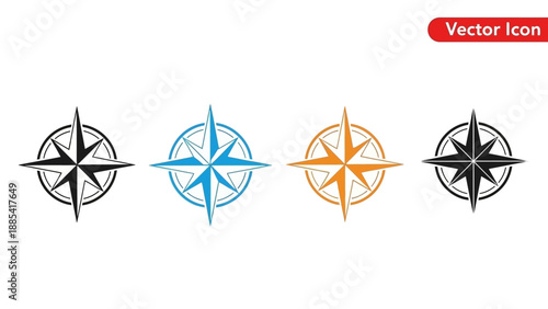 Vector icons of compass navigation symbols in various colors and styles for design