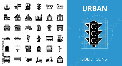 Urban solid icons collection featuring traffic light and various city elements in a grid layout