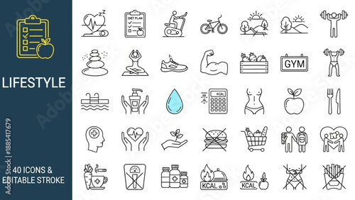 Collection of lifestyle icons representing various activities and objects related to daily life and wellness in a simple line art style
