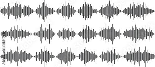 Abstract sound wave pattern set in black and white, audio equalizer waveform design for music, podcast, broadcast, and digital media backgrounds